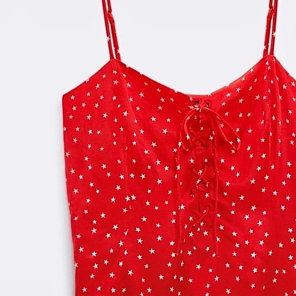 NWT Zara Red Satin Effect Bodysuit White Star Print Sz M Celebrate Patriotic - Picture 10 of 12